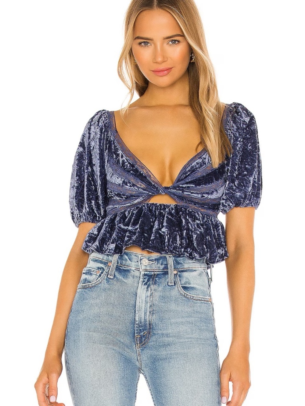 Free People Yours Truly Velvet Top Wild Moon Blue Puff Sleeve L